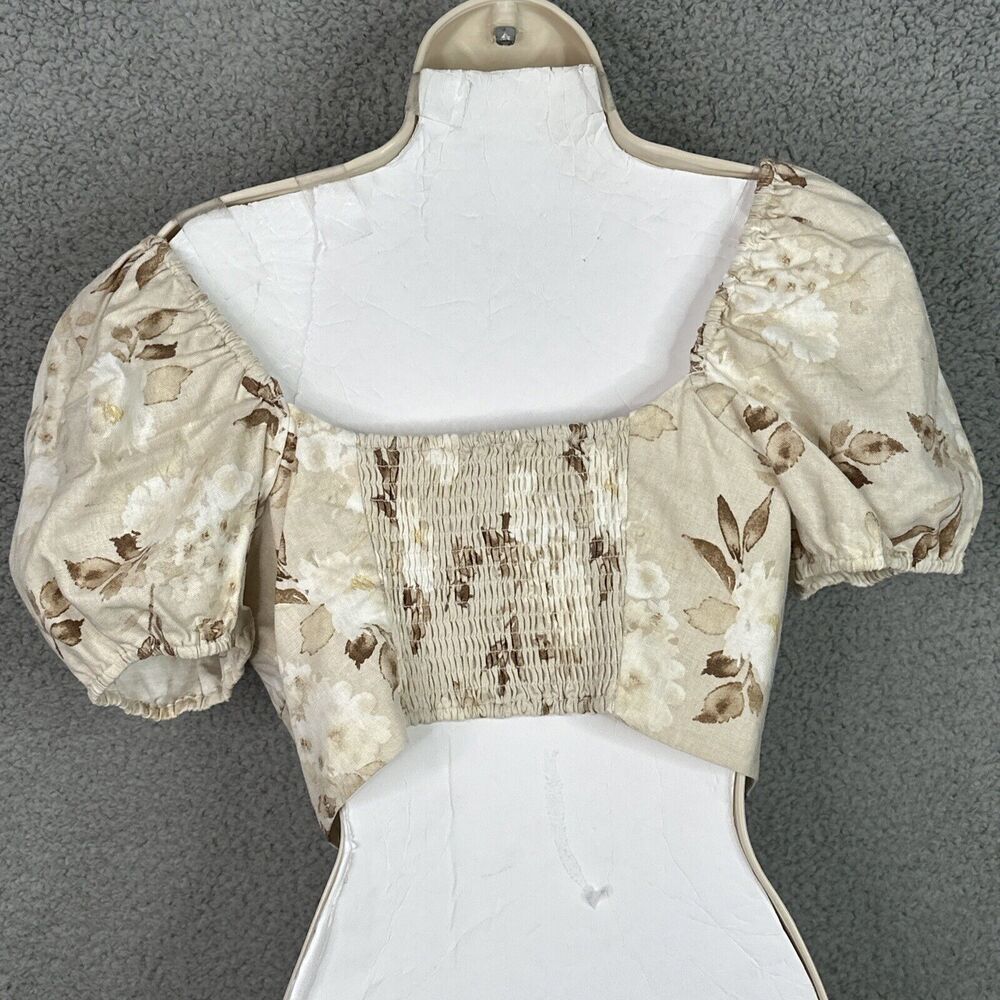 House of Harlow 1960 Samina Puff Sleeve Crop Top Cream Floral Linen Blend NWOT - Picture 4 of 12